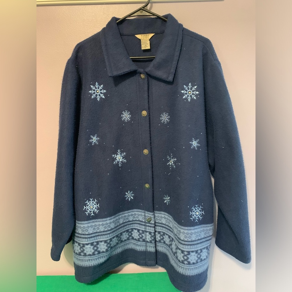 TEDDI Button Up Navy Embroidered Snowflake Fleece 2X